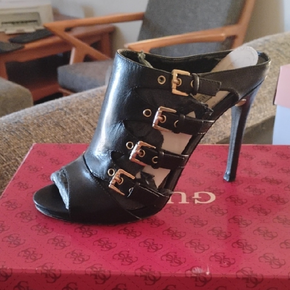 Guess Black Heels with Gold Accents